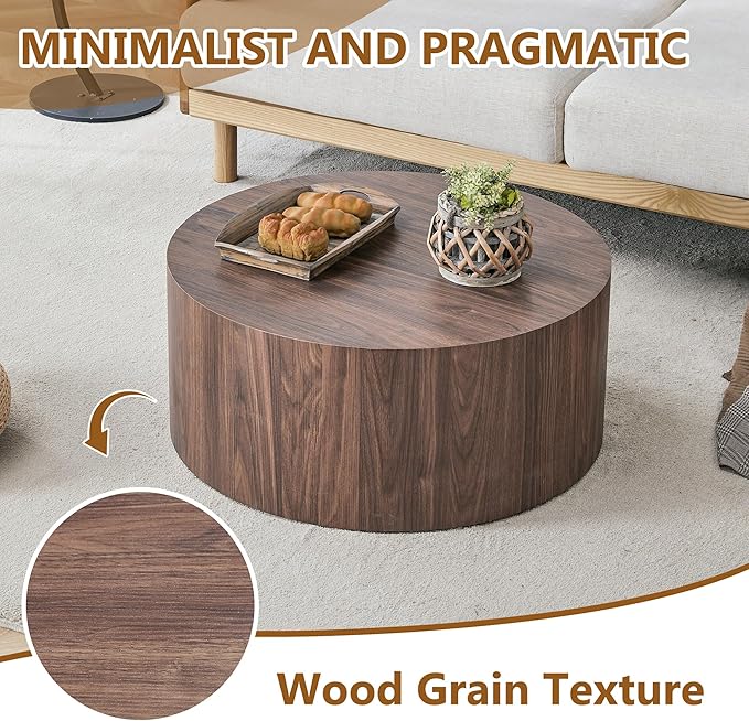 27.5" Round Wood Coffee Table, Modern Coffee Tables in Walnut Wood Finish for Living Room, Contemporary No Assembly Circle Wooden Center Cocktail Table for Bedroom, Reception Room