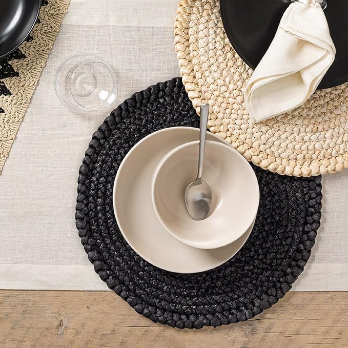 Over&Back Set of 4 Natural Round Woven Placemats - Dining Table Mat - Made with Natural Fibers - Kitchen and Home Decor - Black