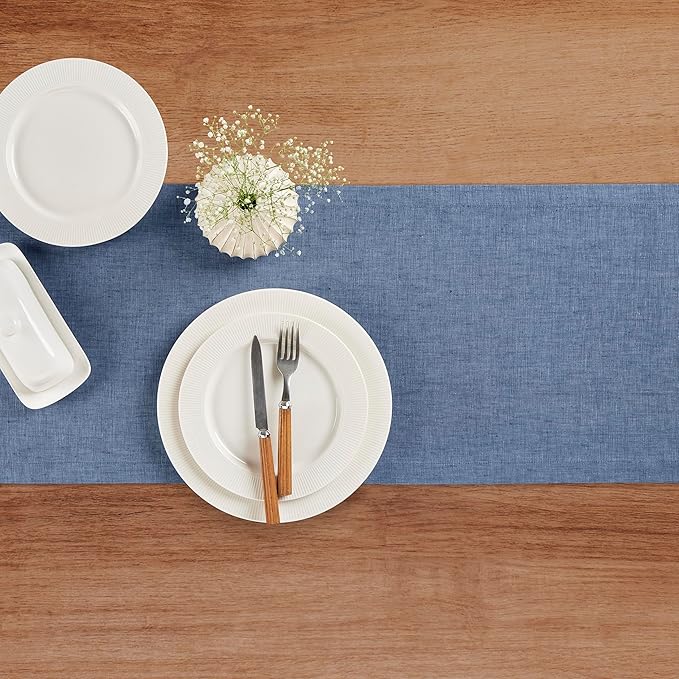 Solino Home Linen Table Runner 120 Inches Long - Athena, 100% Pure Linen Blue Denim Dining Table Runner 14 x 120 Inch