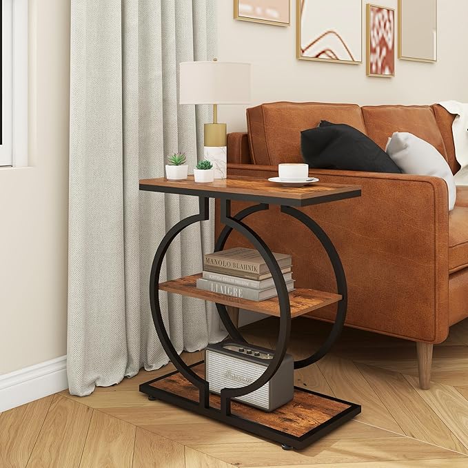 GiftGo Narrow End Table with O-Shaped Geometric Base Vintage Industrial Sofa Chair Side Table for Living Room Slim Nightstand for Bedroom Stylish Beside Table with 3 Storage Shelves (1, Rustic Brown)