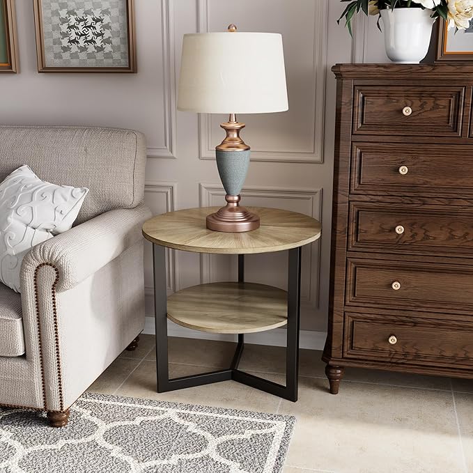 LEEMTORIG Round Side Table, Large 2-Tier End Table Nightstand with Metal Legs, Modern Bedside Couch Table for Living Room, Bedroom, Office, Rustic Natural/Black, 25.2 x 25.2 x 24 inches CJZ-1338