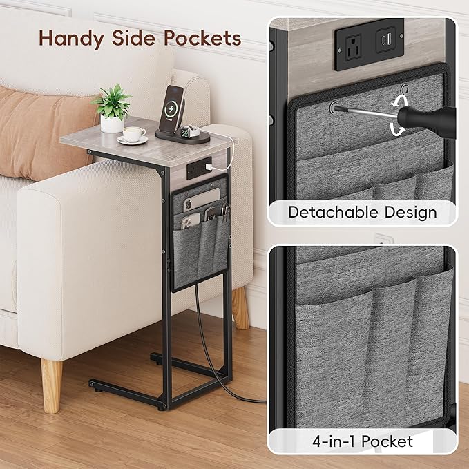Vagusicc C Shaped End Table with Charging Station, Tall Side Table for Couch, Small Couch Side Table Recliner Tables, Slide Under Sofa Table TV Tray Arm Tables for Living Room, Bedroom, Bedside, Gray