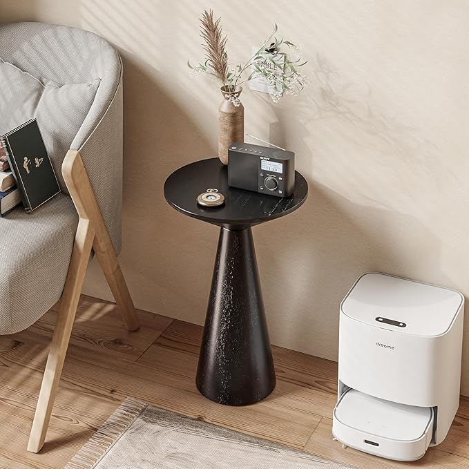 COZAYH Farmhouse Pedestal Small End Table Round Martini Table Wood Plant Stand Rustic Drink Table for Small Space Living Room, Bedroom, Black