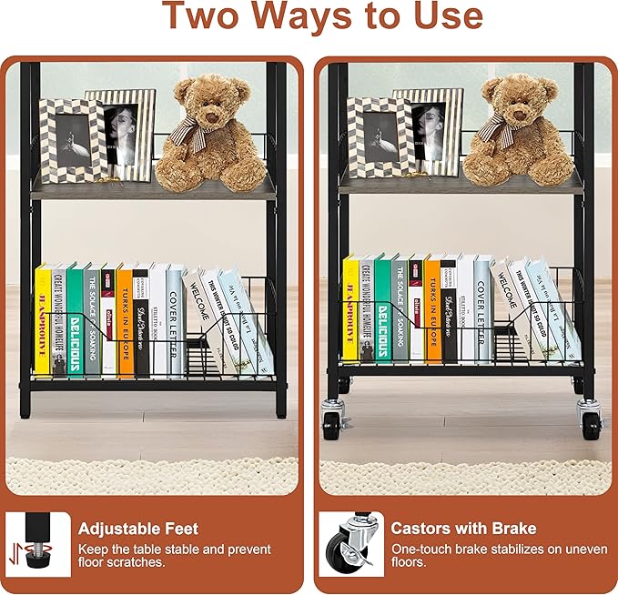 4-Tier Small Side Table with Optional Casters, Narrow End Table with Drawer and Shelves, Tall Nightstand for Dorm, Small Accent Table Stand for Living Room, Bedroom, Bathroom, Black& Grey