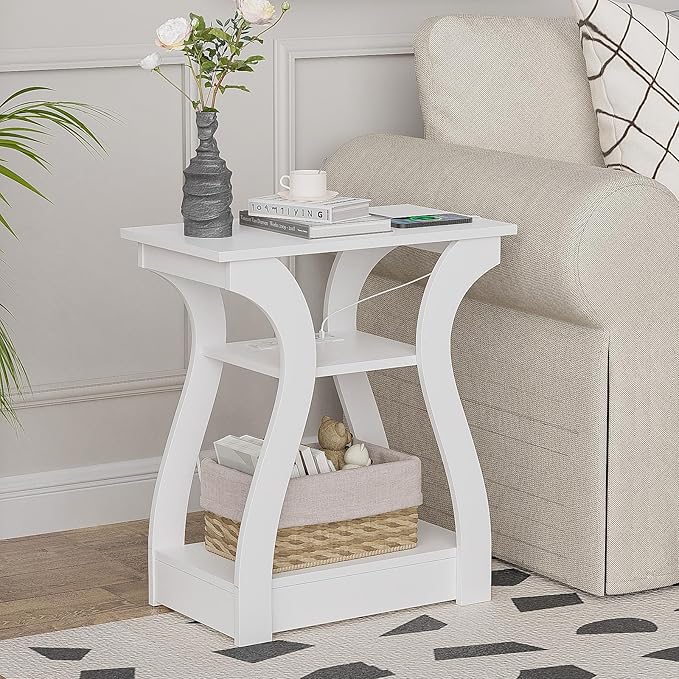 End Table with Charging Station, Side Table with USB Ports and Outlets, 3 Tier Nightstand Sofa Table for Small Spaces, Beside Table with Storage Shelf for Living Room, Bedroom