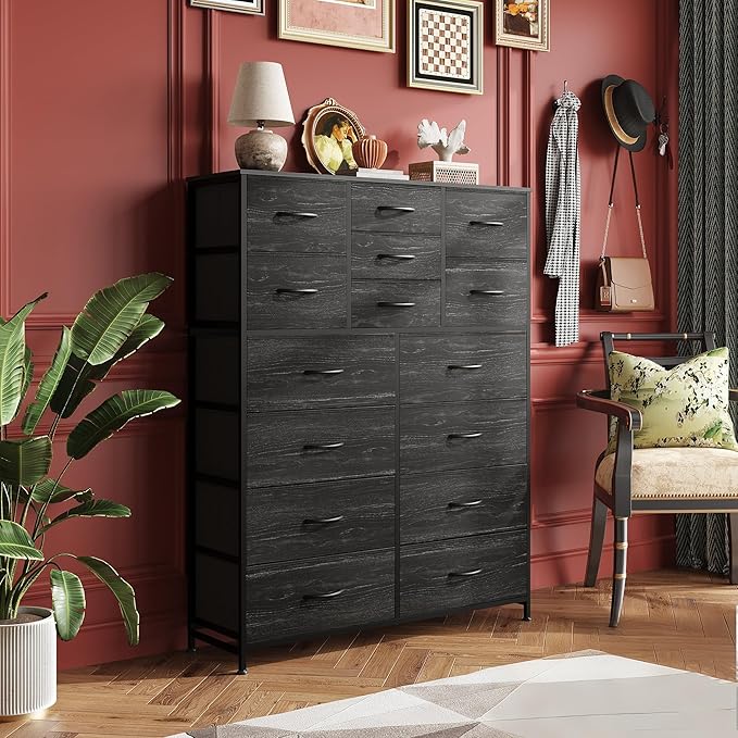 Tall Console Table with 15 Fabric Drawers, Entryway Table with Storage, Tall Storage Organizer with Wood Top, Steel Frame for Living Room, Hallway, Office, Charcoal Black Wood Grain Print