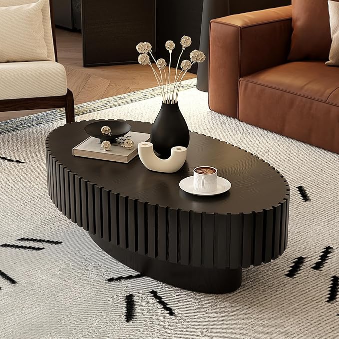 43.31" Oval Drum Coffee Table, Modern Handcraft Fluted Drum Center Table, Wooden Oval Coffee Table Center Table with Sturdy Pedestal for Living Room Apartment (Black)