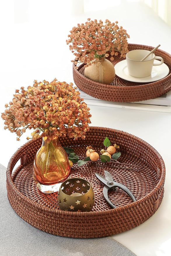 HITOMEN Hand-Woven Round Rattan Serving Tray Decorative Ottoman Wicker Platter with Handles for Coffee Table, Breakfast, Drinks, Snack, Bread, Fruit, Vegetables (Brown Set of 2: M+L)