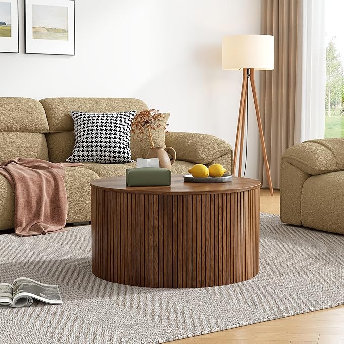 Mid Century Round Fluted Lift Top Coffee Table, Modern Center Table with Storage and Compartment, 2 Tier Small Circle Dining Table, for Living Room, Home Small Space, Walnut Oak