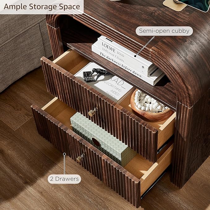 T4TREAM 24" Fluted Nightstand Set of 2, Large 2 Drawers Bedside Table with Charging Station, Modern End Table with Storage Night Stand for Bedroom, Living Room, Round Curved Corner Design, Dark Walnut