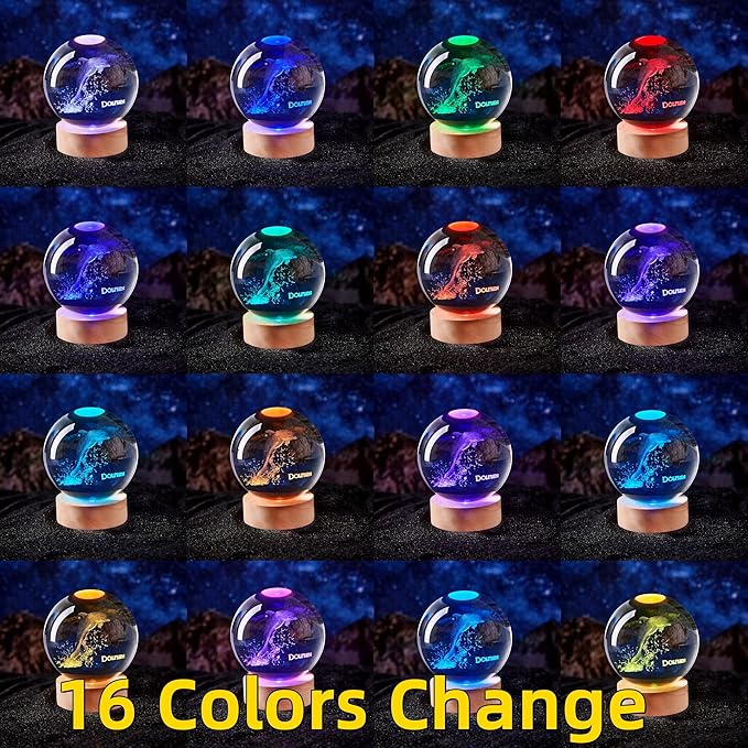 Dolphin Crystal Ball Lamp with LED Wooden Base, 16 Colors Change & Remote Control Sea World Crystal Ball Night Light, Upgraded 3.15 Inch Glass Light, Gift for Kids Wife Girlfriend (Dolphin)