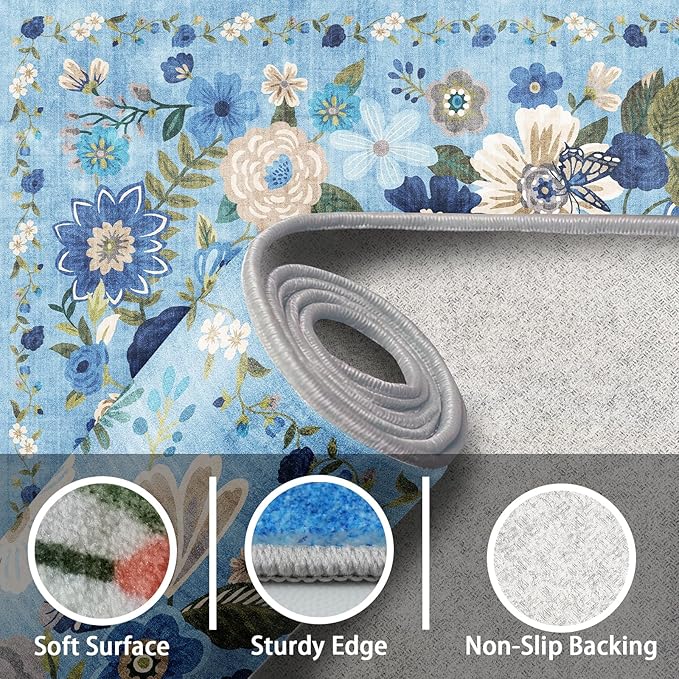 Floral Rug for Entryway, 2X3 Washable Kitchen Mat Ultra-Thin Soft, Non-Slip Indoor Door Carpet Stain Resistant Boho Small Low-Pile Throw for Bathroom Bedroom (Blue Garden, 2 x 3)