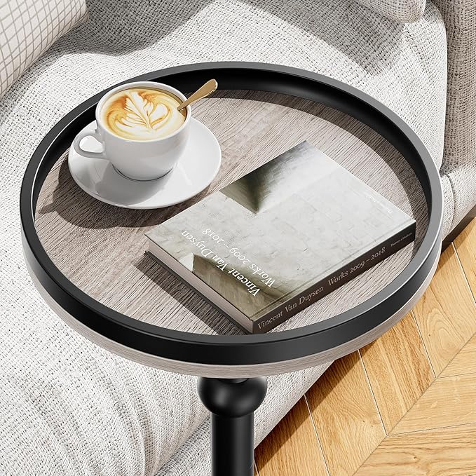 Small Round Side Table, Coffee Drink Table for Small Spaces, Modern Night Stand with Metal Leg, Weighted Iron Base Pedestal Round End Tables for Living Room, Bedroom, Narrow Corners,Sofa Couch
