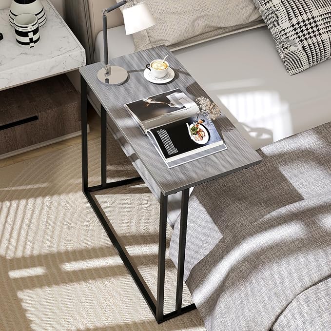 C-Shaped Side Table, Modern End Table with Metal Frame, Space Saving Design for Living Room，Large Surface Couch Table for Bedroom, and Home Office，24 x 12 x 24 inches (Grey)