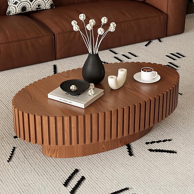 43.31" Oval Drum Coffee Table, Modern Handcraft Fluted Drum Center Table, Wooden Oval Coffee Table Center Table with Sturdy Pedestal for Living Room Apartment (Natural Wood)