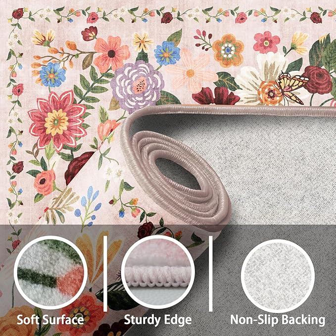 Living Room Rugs, Area Rugs 5x8 Rug for Bedroom Ultra-Thin Soft, Non-Slip Washable Rugs Stain Resistant Boho Rug Low-Pile Throw Rug for ‎Dining Room Office (5 x 8, Beige/Pink Garden)