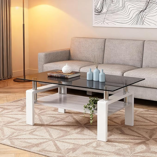 Coffee Table for Living Room, Modern Rectangle Tempered Glass Center Table with MDF Storage Shelf, 220lbs Load-Bearing for Small Space, Apartment, Office (Gray + White + Tempered Glass)