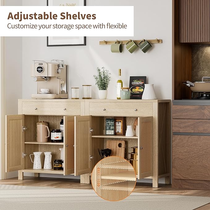 31" Buffet Cabinet with Storage, Rattan Decor Doors, Sideboard Cabinet with Doors & Adjustable Shelves, Ideal for Entryway, Kitchen & Living Room