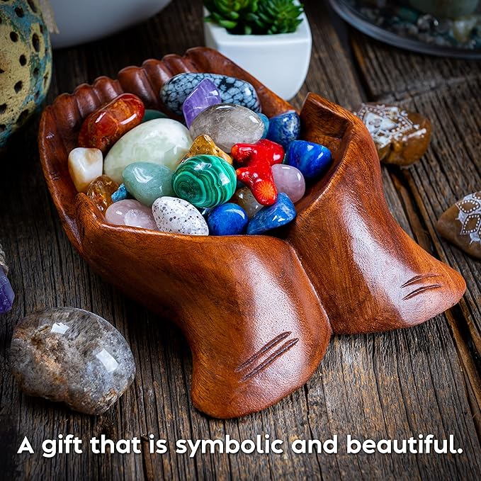 Curawood Carved Hands Offering Bowl - Crystal Holder for Stones, Rock Collection Holder, Crystal Display Storage Tray, Wooden Hands Bowl for Keys - Rock Display Case for Shelf, Stand, Altar Decor (M)