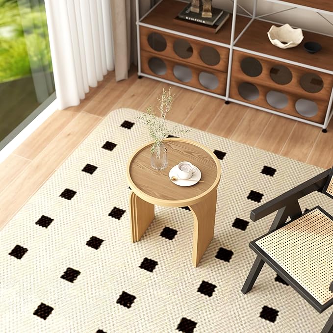 17.7”Wide Modern Side Table, Natural Wooden End Table, Round Accent Table for Small Spaces, Bedside, Couch Side, Narrow Nightstand for Living Room