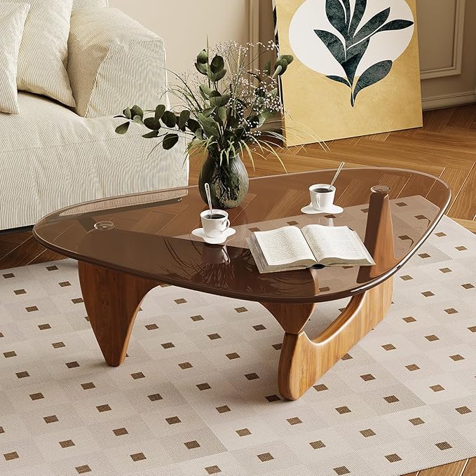 Coffee Table for Living Room Mid Century Modern Center Table with Glass Top and Wood, Brown/Walnut