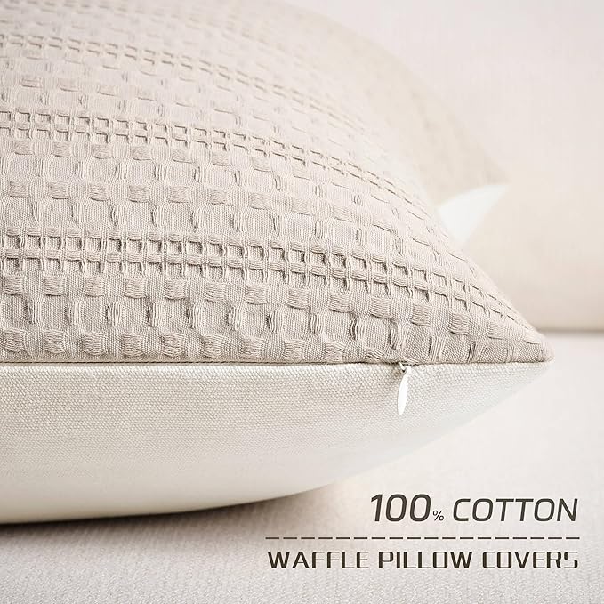 ZeeMart 100% Cotton Waffle Textured Throw Pillow Covers Set of 2, 22x22 Inch Taupe, Soft Farmhouse Decorative Couch Pillow Cases Light Brown Cushion Covers for Sofa Bed Living Room Home Decor