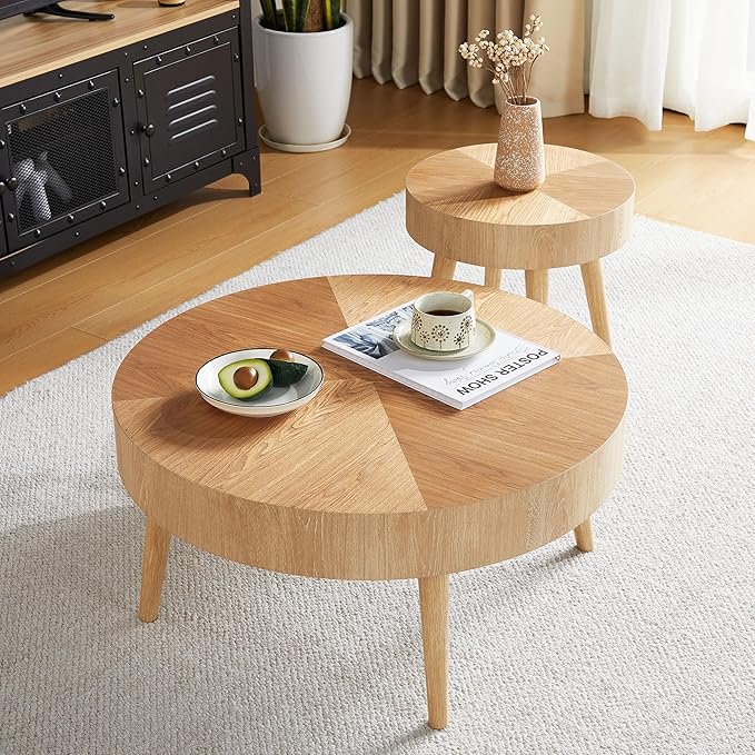 2 Pieces Round Wood Coffee Table Set, Modern Sofa End Table, Accent Side Table for Living Room ﻿ (Natural)