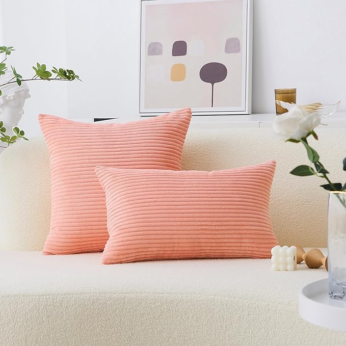 Home Brilliant Corduroy Throw Pillow Covers 16x16 Gifts for Her Accent Pillows 2 Pack Pink Throw Pillows for Couch Bedding Room, 40cm, 2 Pack, 16 x 16 Inch, Coral