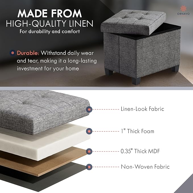 Ornavo Home Storage Ottoman Small Rectangle Ottoman with Legs, Foot Rest Stool Seat, Load up to 600 LB, for Living Room, Bedroom, Home Office, Dorm - 12 x 16 x 12, Dark Gray