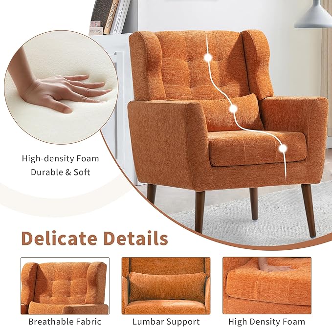 Modern Accent Chair, Upholstered Arm Chair with Waist Pillow, Single Sofa Chair for Living Room Bedroom Small Spaces (Orange)
