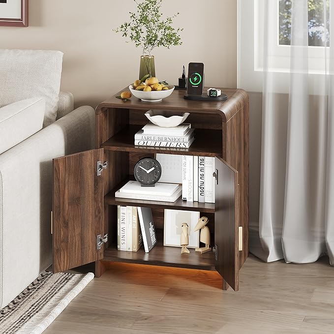 Nightstand with Charging Station and LED Lights, Night Stands with Adjustable Storage Cabinet, Modern Side Table with Fluted Doors and Open Storage, Bedside Table for Bedroom, Walnut