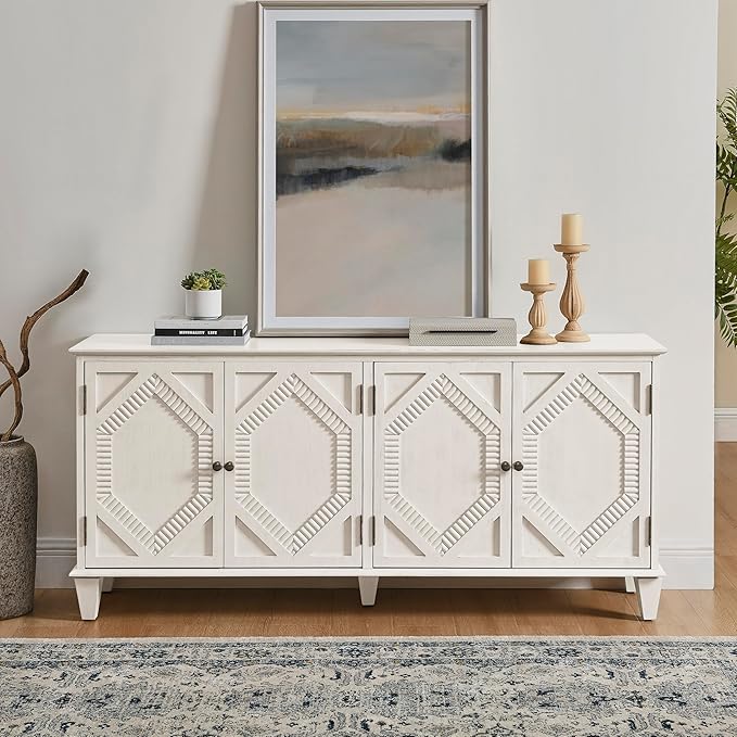 65.2" Mid Century Modern Sideboard Buffet Cabinet with Storage,Symmetrical Geometric Accent Coffee Bar Wine Bar Storage Cabinet,Large Console Table for Living Room/Entryway/Kitchen,Antique White