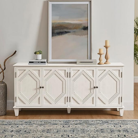 65.2" Mid Century Modern Sideboard Buffet Cabinet with Storage,Symmetrical Geometric Accent Coffee Bar Wine Bar Storage Cabinet,Large Console Table for Living Room/Entryway/Kitchen,Antique White