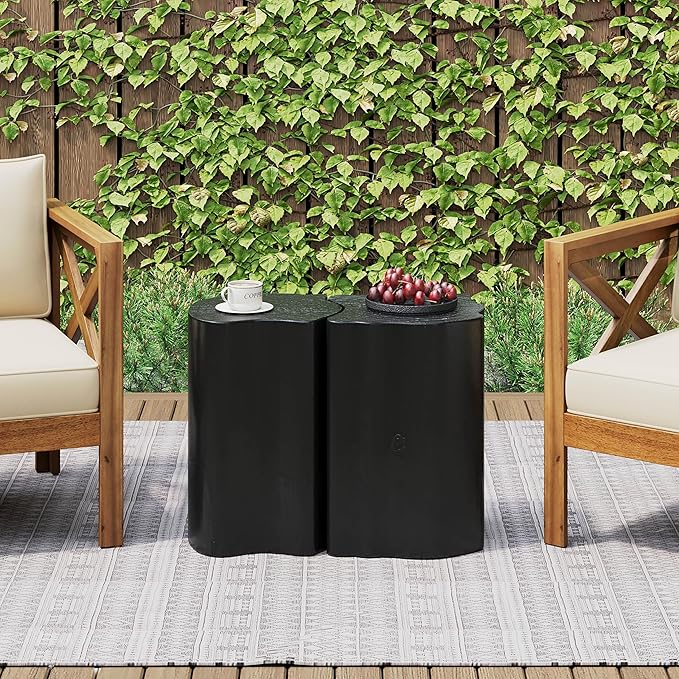 kevinplus 2-in-1 Irregular Nesting Side Table End Table Set of 2 for Living Room, MGO Material for Indoor & Outdoor, Natural Wood Grain, No Assembly, Black