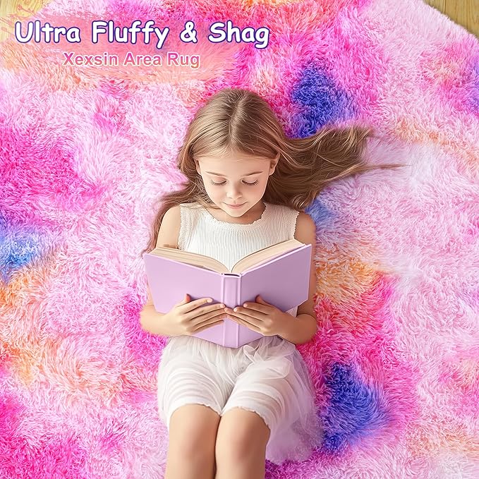 Round Fluffy Rugs 5Ft for Girls Bedroom, Dark Rainbow Shag Circle Kids Rug Non-Slip for Bedside Dorm Nursery Playroom, Soft Cute Area Rugs for Living Room Decor