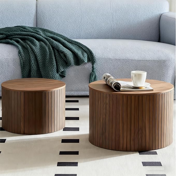19.17" Nesting Coffee Table with Storage, Wooden Coffee Tables Set of 2, Circle Side Table for Small Spaces, Accent End Table for Living Room, Apartment, Office, Dorm.(Walnut)