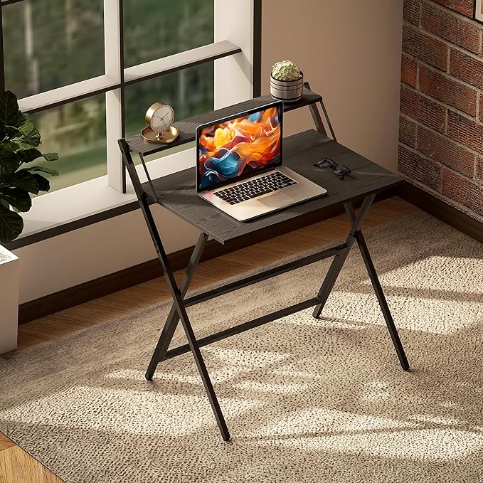 HOMCOM Small Folding Desk, 32 Inch Foldable Computer Desk with Monitor Shelf, Space Saving Portable Writing Table for Small Spaces, Home Office, Study, Easy Assembly, Black