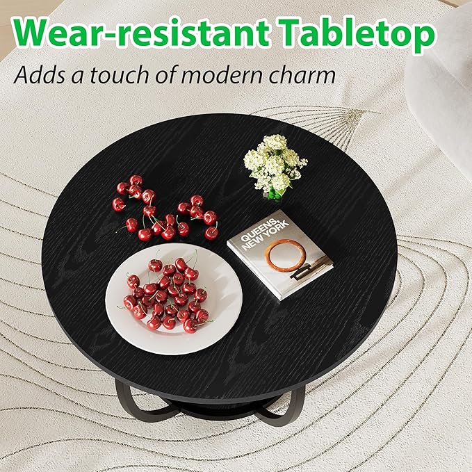 HOMERECOMMEND Round Coffee Table,Wooden 2-Tier Circle Coffee Tables with Storage Shelves,Accent Center Table for Living Room, Sofa Table for Home Office, Black