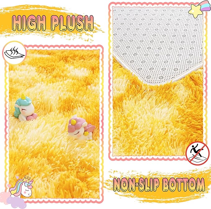 Small Rugs for Bedroom, Fuzzy Throw Rug for Living Room Dorm, Soft Fluffy Bedroom Rug, Non Slip Shag Rugs, Modern Indoor Home Decor Aesthetic, 2x3 Feet, Tie-Dyed Yellow