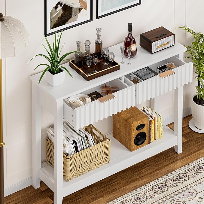 39 inch Entryway Table with Storage, Narrow Console Table with 2 Drawers, Modern Sofa Table with Open Storage Shelf for Living Room, Foyer Hallway, White