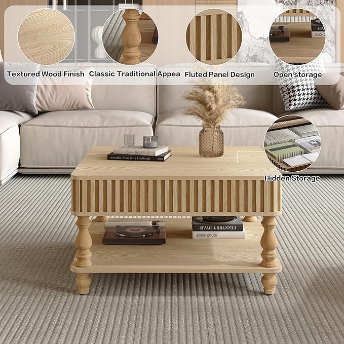 31.5" Lift Top Fluted Coffee Table with Hidden & Open Storage, Modern Square Wooden Center Table Cocktail Tea Table with Curved Safety Corners and Adjustable Height for Living Room, Natural