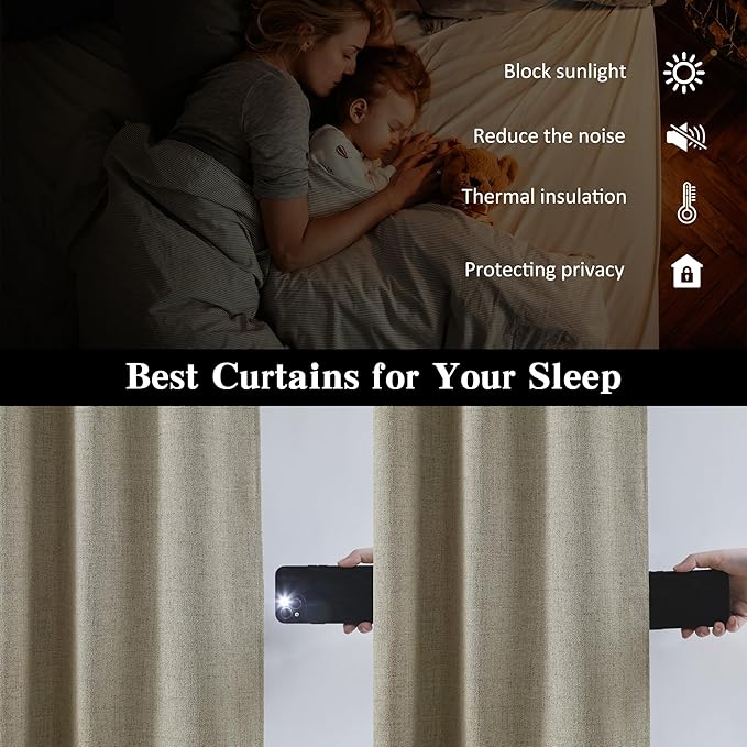 RAIN CITY Taupe Blackout Linen Blend Curtains 2 Panels,70 Wide Back Tab Pinch Pleated Look Window Drapes with Hooks,Track System Curtain Panels for Sliding Door Modern Farmhouse 70x96 Inch 70x8ft