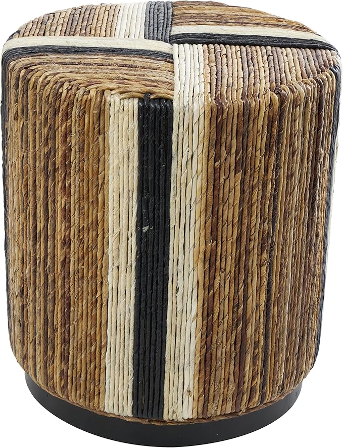 Deco 79 Banana Leaf Handmade Side End Accent Table Linear Wrapped End Table with Cream and Black Stripes, Side Table 16" x 16" x 18", Brown