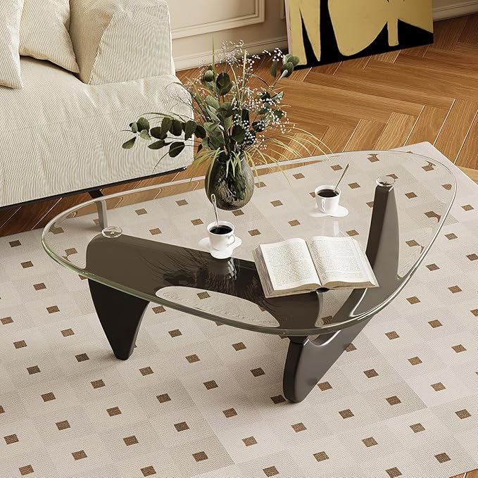 Coffee Table for Living Room Mid Century Modern Center Table with Glass Top and Wood, Transparent/Black