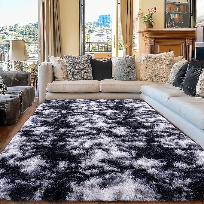 Black and White Rug for Bedroom, 5x7 Area Rug for Kids Room, Bedside Indoor Floor Fluffy Shag Carpet, Plush Soft Rug for Living Room Nursery Dorm Home Decor
