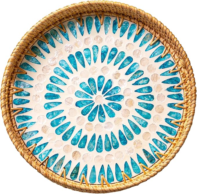 JUNGLE CULTURE Large Rattan Serving Tray 14" with Mother of Pearl Inlay • Coastal Boho Collection • Handcrafted Serving Tray with Handles • Round Woven Table Trays for Home • Wicker Basket – Ripple
