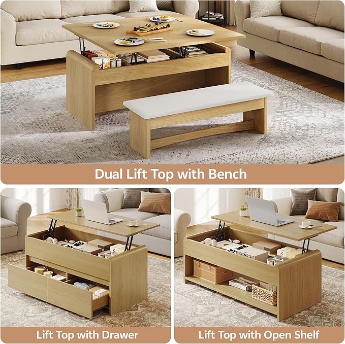 Lift Top Coffee Table, 35'' Modern Coffee Table with Hidden Compartment & Open Shelf, Curved Profile Design, Converts to Home Office Table, Dining Table, Center Table for Living Room, Natural