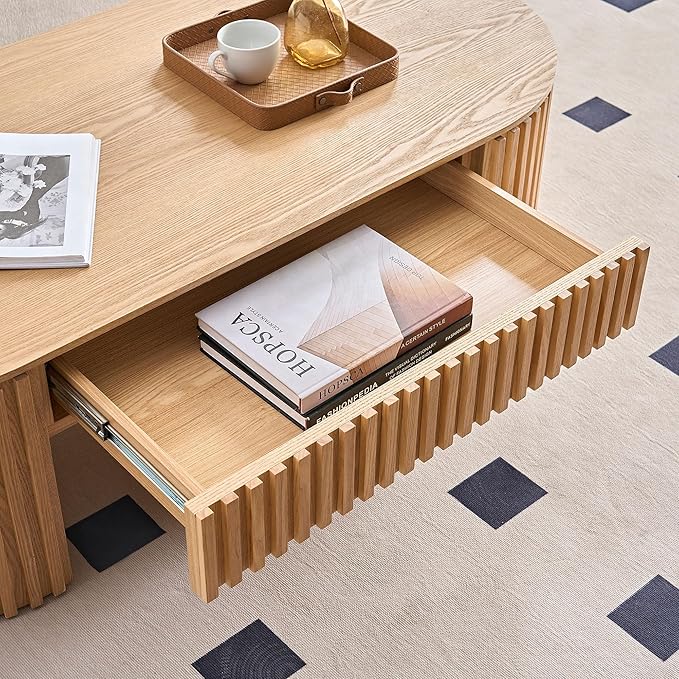 51.18'' Oval Wood Coffee Table with Drawer, Modern Center Table for Living Room, Oak