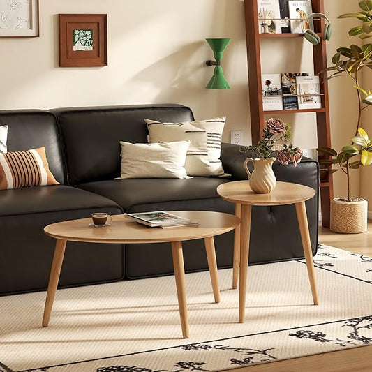 Small Oval Nesting Table, Mid Century Coffee Table for Living Room,Solid Oak Wood End Tables,Triangle Tabletop with 3 Legs,Minimalist Display Living Tables (Original Wood Color, Combine)