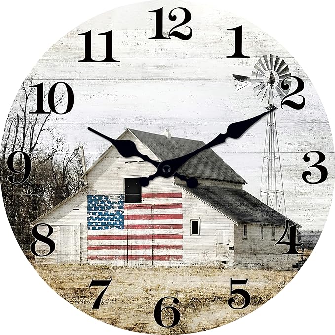 XFM Farmhouse Wall Clock 10 Inch Silent Non-Ticking Battery Operated Clock Rustic Barn Wooden Decorative Clocks for Kitchen Bedroom Office